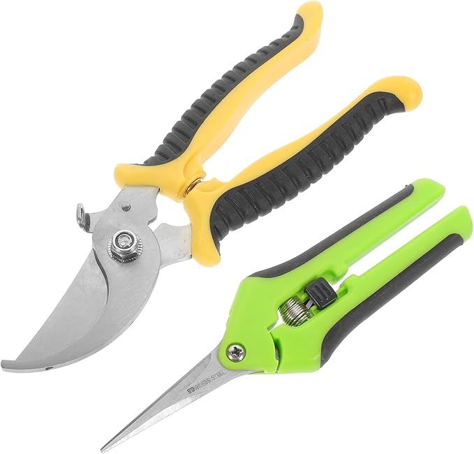SUPVOX 2pcs Sk5 Steel Gardening Pruning Shears Set with Curved and Straight Blades, Outdoor Plant Trimming Tools for Flower, Fruit, and Branch Cutting, Yellow and Green Handles, Efficient