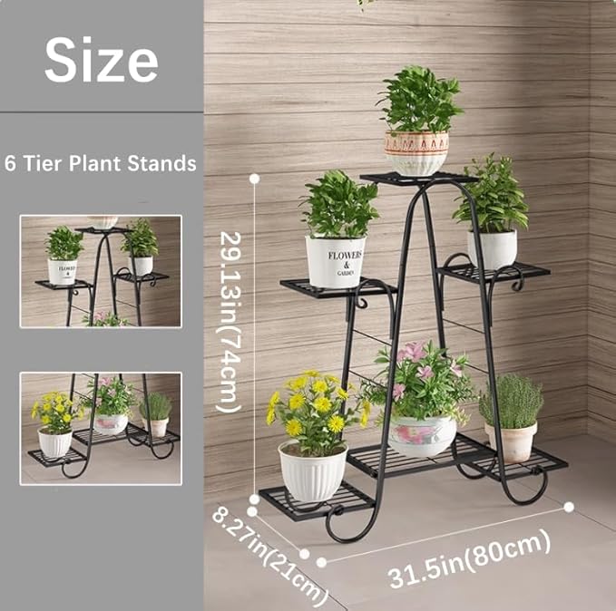 CarolynDesign 6 Tier Plant Stands for Indoors and Outdoors, Flower Pot Holder Shelf for Multi Plants, Black Metal Plant Stand for Patio