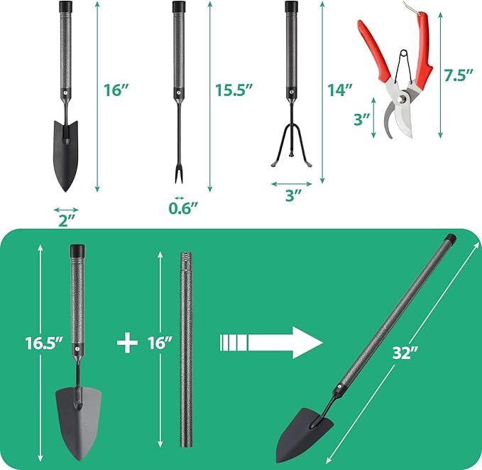Garden Tool Set, 5-Piece Heavy Duty Gardening Tools Kit with Extendable Handle, Metal Trowel, Cultivator, Weeder, Pruner, Back-Saving Grips for Yard Raised Bed, Rust-Proof, Gift for Women, Men, Kids