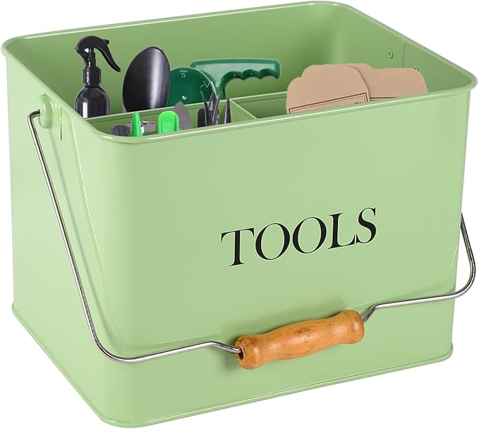 Xbopetda Garden Tool Organizer, Metal Tool Caddy with 3 Compartments, Portable Garden Tool Basket with Handle, Gardening Tool Kit Holder Empty, Garden Tool Storage for Indoor and Outdoor Use - Green