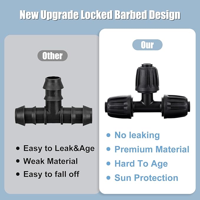 12pc 1/2 inch Drip Irrigation Fittings Tee Connectors,ANTI-DROP Lock Barbed Tee Connectors For (1/2" ID x0.6-0.63" OD) Drip Tubing Drip Irrigation Fittings