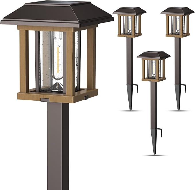 XMCOSY+ 4-Pack Solar Pathway Lights Outdoor, 25 Lumens Vintage Edison LED Landscape Lighting, IP65 Waterproof Seeded Glass & Metal Stakes Solar Powered Garden Lights for Yard Patio Walkway Driveway