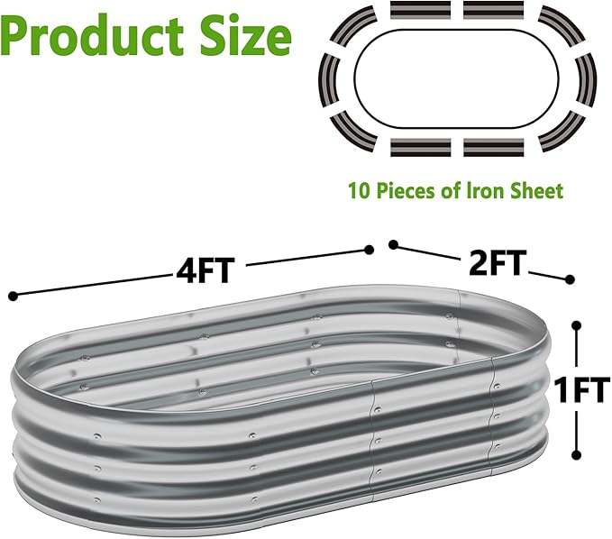 zizin 2 Pack Oval Galvanized Raised Garden Bed Kit 4x2x1ft Metal Planter Box for Outdoor Vegetables, Silver
