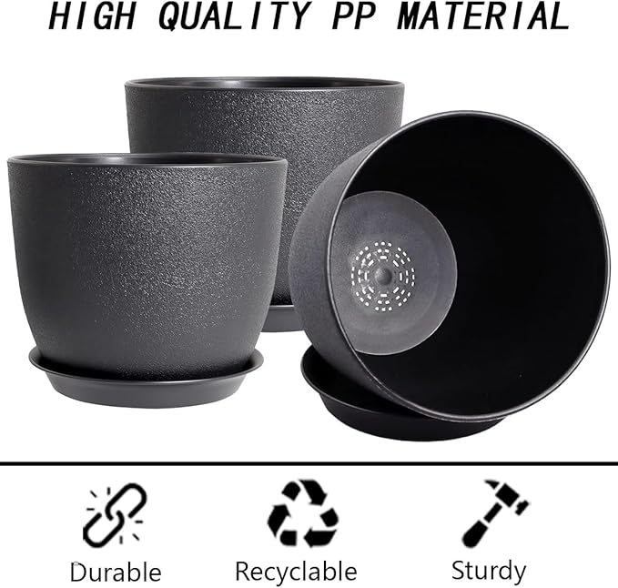 10 Inch Planting Pots Set of 3, Outdoor Planters for All House Plants Black Plastic Flower Pots Modern Decorative Garden Pot with Saucer