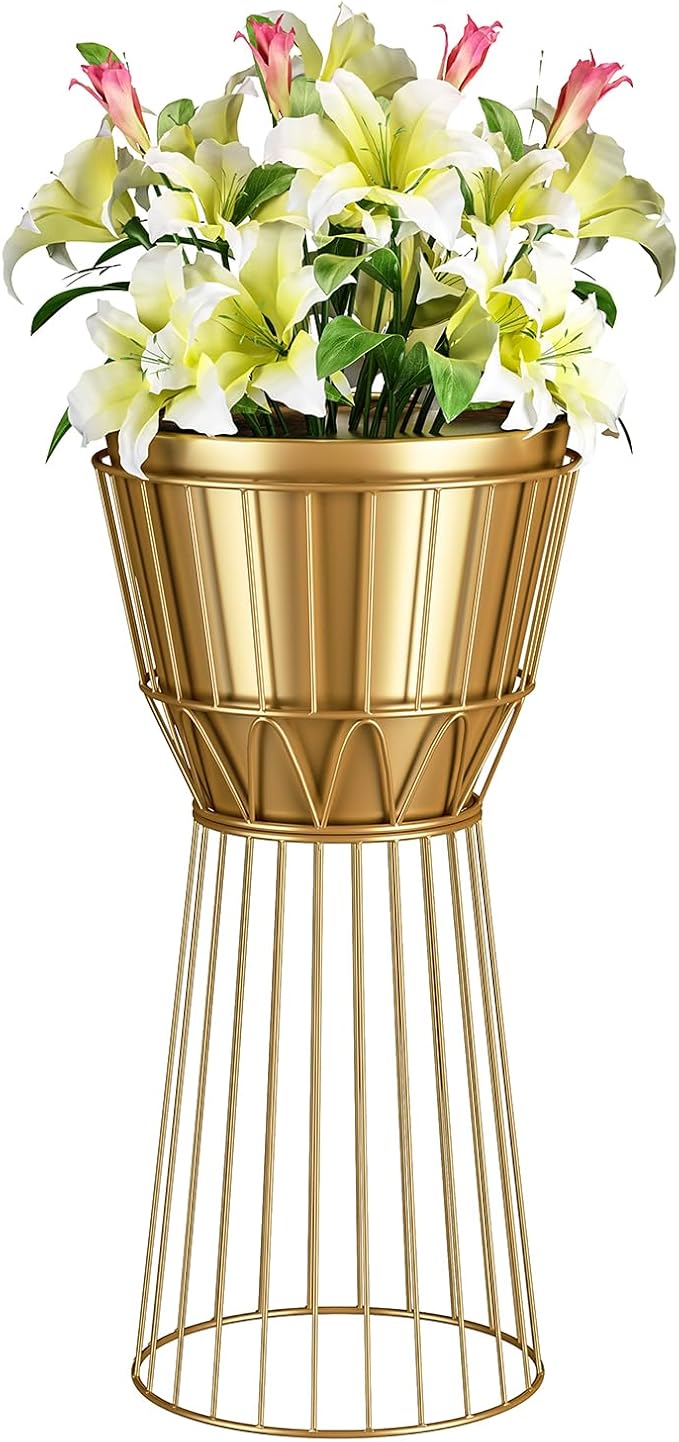 Metal Plant Stand with Pot 12" - Tall Decorative Metal Plant Holder Stand Indoor, Gold Plant Stand Modern Flower Potted Rack for Corner Display, Living Room, Office, Modern Home Decor- Height 27"