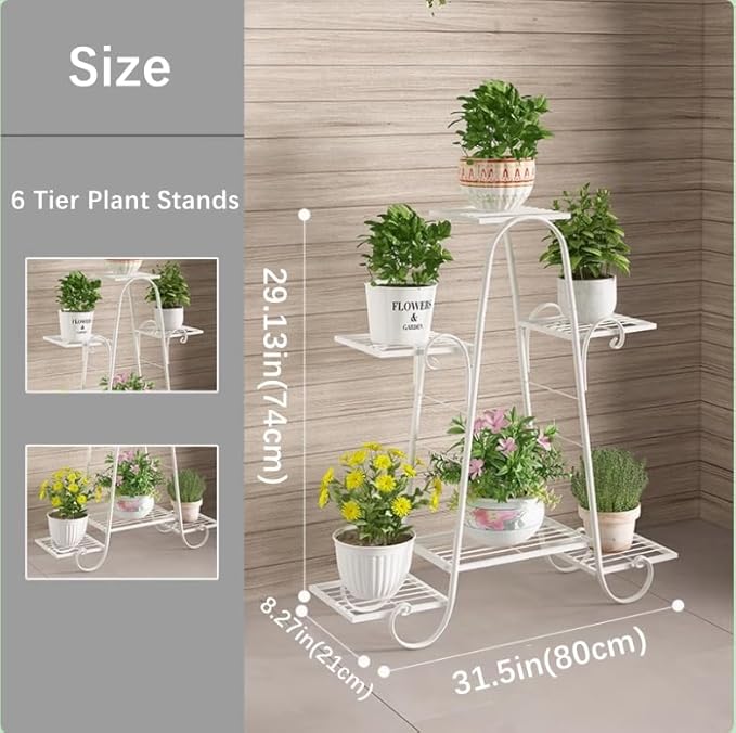 CarolynDesign 6 Tier Plant Stands for Indoors and Outdoors,Flower Pot Holder Shelf for Multi Plants,White Metal Plant Stand for Patio