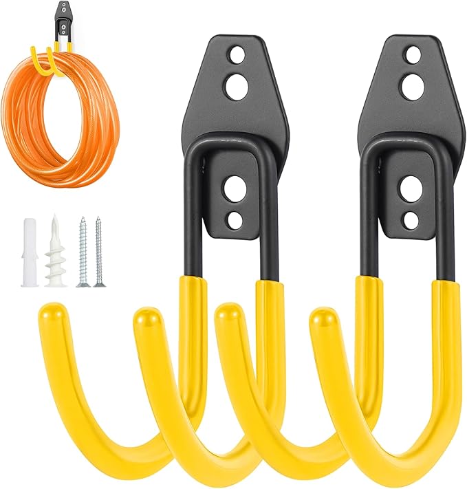 Pruite Hose Hanger Wall Mount 2 Pack,Heavy Duty Hose Holder with Screws Metal Hose Hangers for Outside,Hose Rack Suitable for Garage,Garden and Yard,Yellow