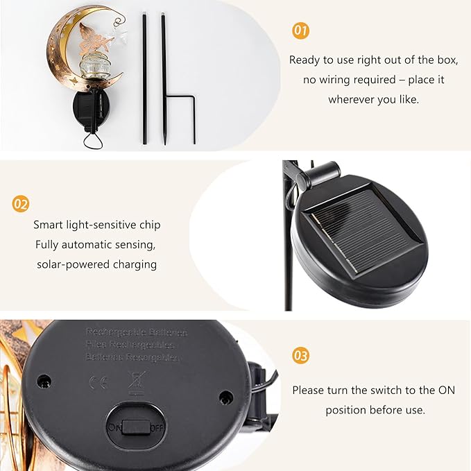 Solar Lights Garden Decorations Outdoor-Moon Fairy Lights with Crackle Glass Globe,Lawn Decorative Lights Waterproof Warm White LED, Decoration for Pathway Lawn Patio Courtyard Backyard(Moon Elf)