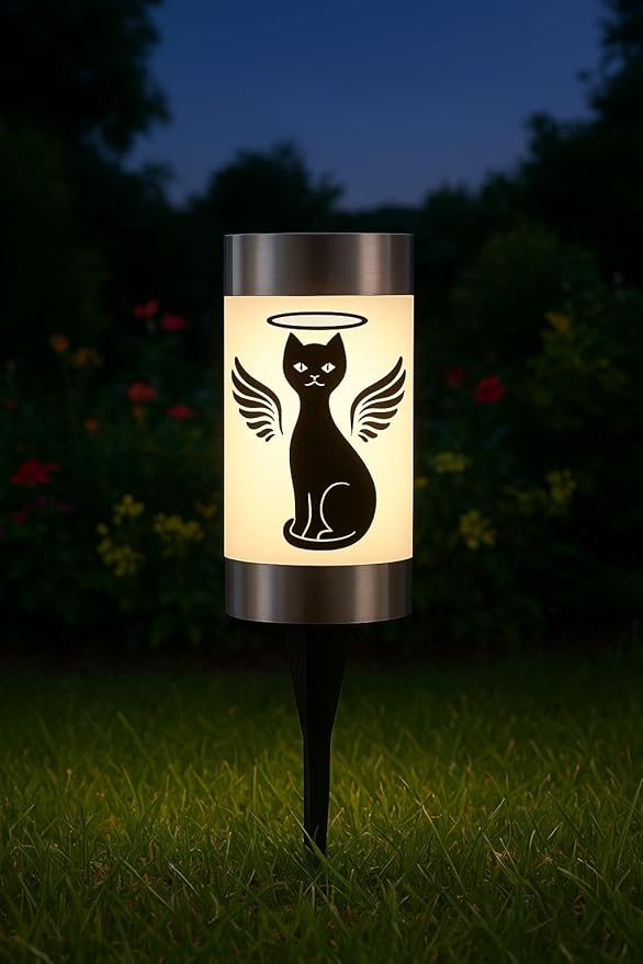Solar Cat Memorial Garden Light, Outdoor Pet Remembrance Keepsake with Angel Silhouette, Automatic Dusk to Dawn LED Yard Stake