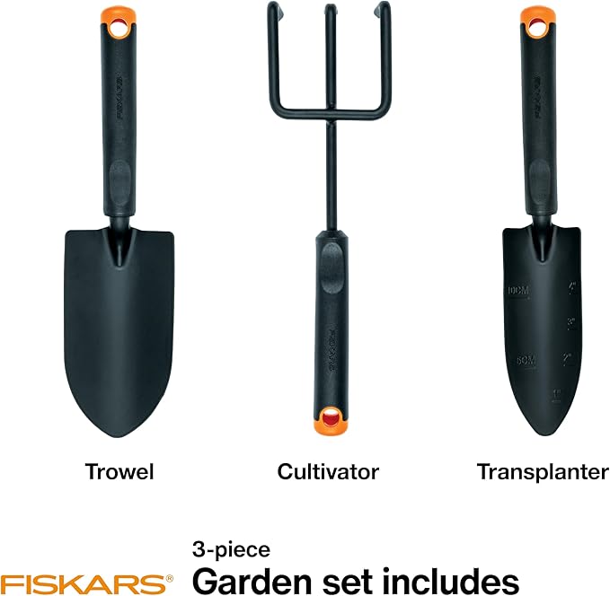 Fiskars 3-Piece Garden Tool Set - Trowel, Transplanter, Cultivator, Rust-Resistant Steel Heads, Ergonomic Handles for Planting, Digging, and Aerating Soil