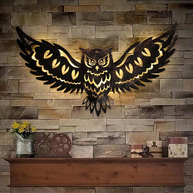 Solar Outdoor Wall Decor Lights Owl Hanging Wall Light Outdoor Metal Solar Garden Lights Porch Patio Yard Decorative Large 23.62inch Warm White