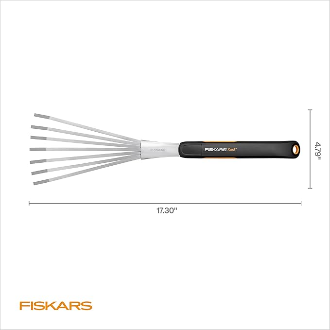 Fiskars Xact Hand Rake, Heavy Duty Gardening Hand Tool with Ergonomic Handle and Hanging Hole for Storage, Stainless Steel Head and Tines, Perfect for Maintaining a Raised Garden Bed