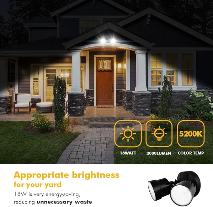 LUTEC P6221B 2000 Lumen 18 Watt LED Dual-Head Floodlight Outdoor, Switch Controlled Waterproof Exterior Security Wall Light for Patio, Garden,Yard-Black