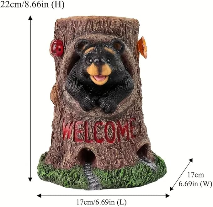 Solar Light Fairy Tree House with Bear Statue - Fun Natural Bear Figurine Sculpture with Solar LED Lights for Indoor Outdoor Art Decorations, Patio Yard Lawn Ornaments Gift
