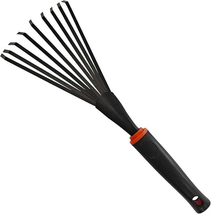 Small Hand Rake, Stainless Head and Tines, Gardening Hand Tool with Ergonomic Handle and Hanging Hole for Storage for Maintaining Raised Garden Beds