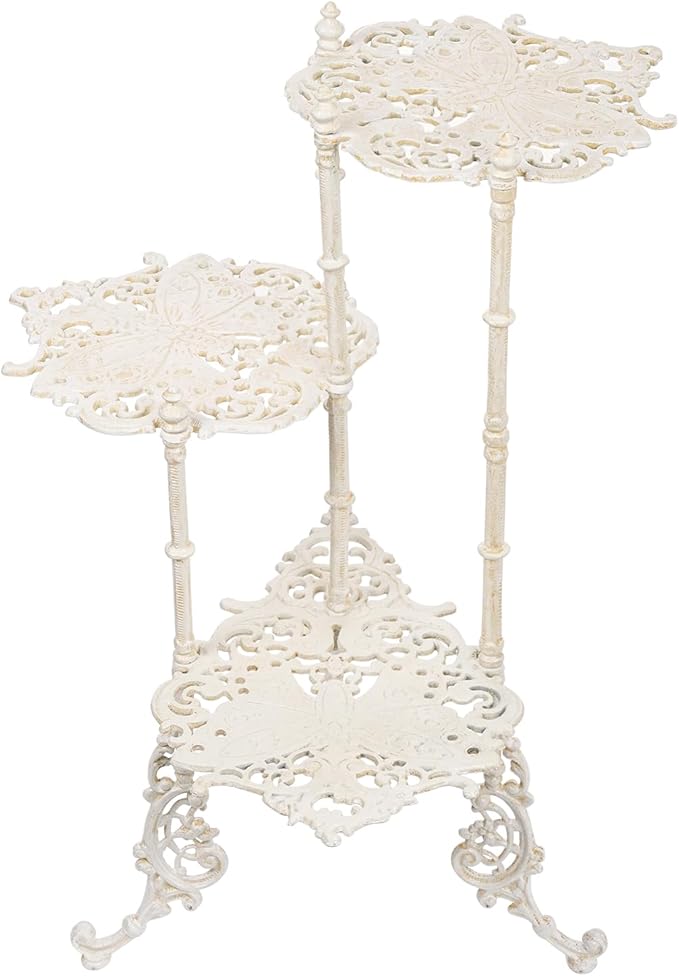 Sungmor Vintage Cast Iron 3-Tier Plant Stand, Elegant Butterfly & Floral Design with Antique White Finish, 28 Inch Tall Rustic Flower Pot Holder, Heavy Duty Metal Display Shelf for Indoor and Outdoor