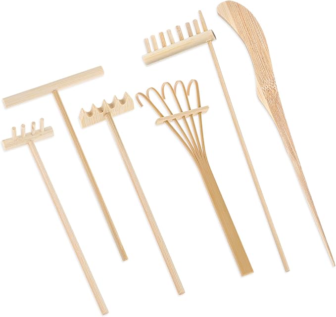 6 Piece Mini Zen Garden Rake Tools, Miniature Tabletop Rock Sand Zen Garden Accessories Zen Sand Garden Rake Set Small Rakes for Garden Beds Mini Sand Stamp Rakes for Home Office Desktop Decoration