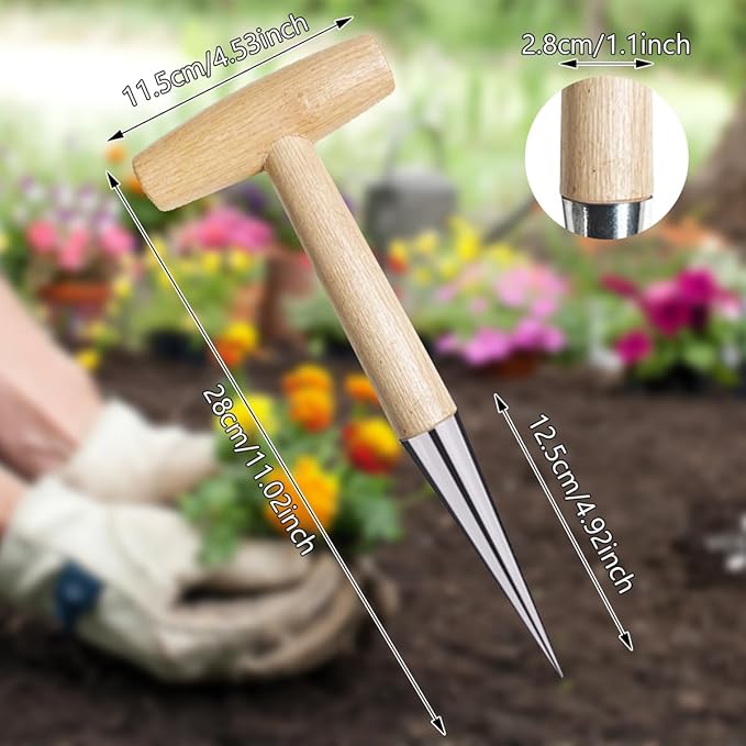 Hand Dibber, Stainless Steel Sow Dibbler with Wood Handle, Garden Hole Punch Dibbler Tool for Planting Seeds & Bulbs, Hand Held Bulb Planter for Planting Flowers Tulips, Daffodils, Dahlias