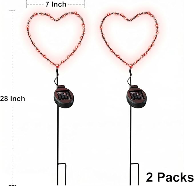 Solar Heart Garden Stake Light with Copper Wire LED - Red Light - Metal Frame Valentine's Day Outdoor Decor for Yard Patio Pathway - Waterproof Red Heart Shaped Solar Lights, Lawn Decor, Gift