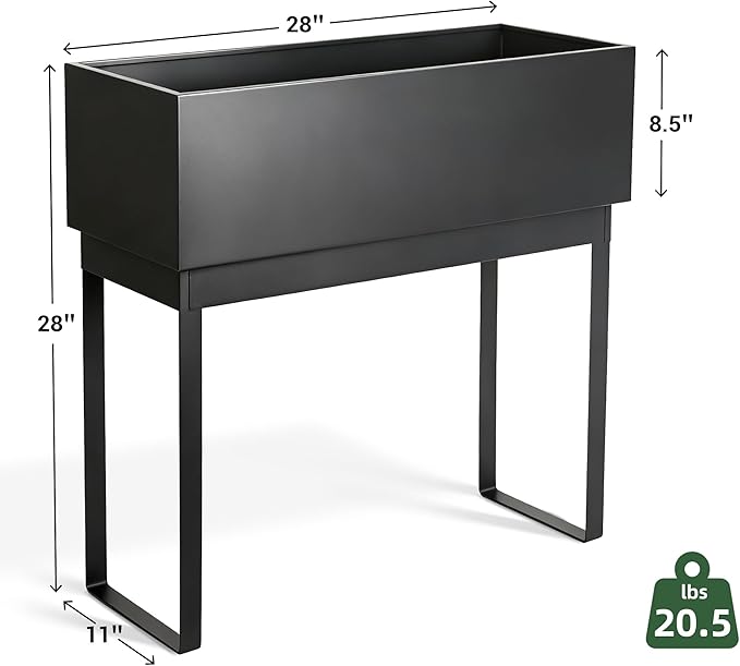 WORTH Raised Metal Planter Box with Legs, 28" Elevated Garden Bed for Indoor & Outdoor Use – Matte Black Galvanized Steel Planter with Inner Shelf, Drainage Hole & Plug for Vegetables, Flowers & Herbs