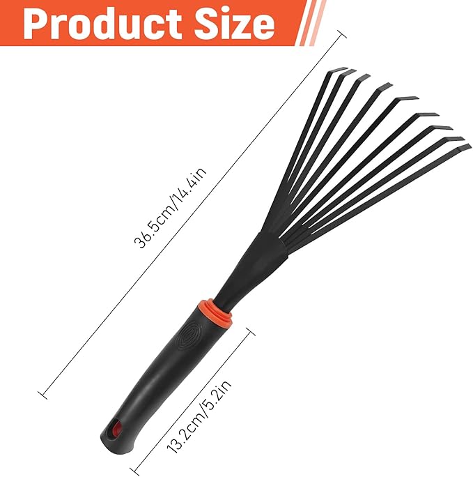 Small Hand Rake, Stainless Head and Tines, Gardening Hand Tool with Ergonomic Handle and Hanging Hole for Storage for Maintaining Raised Garden Beds
