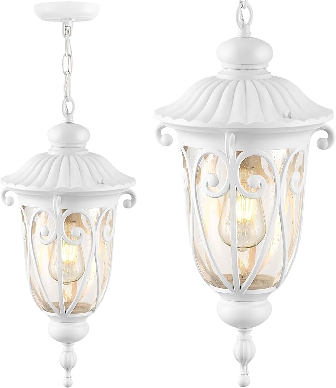 VIANIS Large Outdoor Pendant Light Lantern, White Modern Outdoor Chandelier, Handcrafted Hanging Outdoor Lights with Seed Glass, Outdoor Ceiling Lights for Porch, House, Doorway, Garden, Entryway