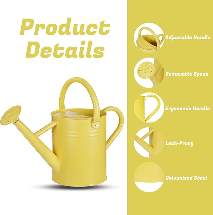 1 Gallon Watering Can for Plants, Watering Cans for Indoor&Outdoor Gardening, Galvanized Steel Watering Pot with Removable Spout, Metal Water Can with Ergonomic Movable Handle(Cute Yellow)