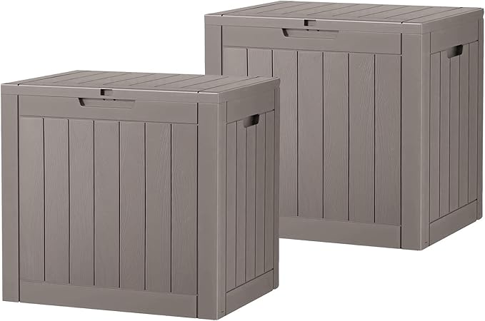WTFGO 32 * 2 Gallon Outdoor storage deck Box Waterproof ，garden tool,backyard cushion,poolside toy storage,Smalldelivery boxes for outside,Two Boxes/set (Wood-like Striped Gray