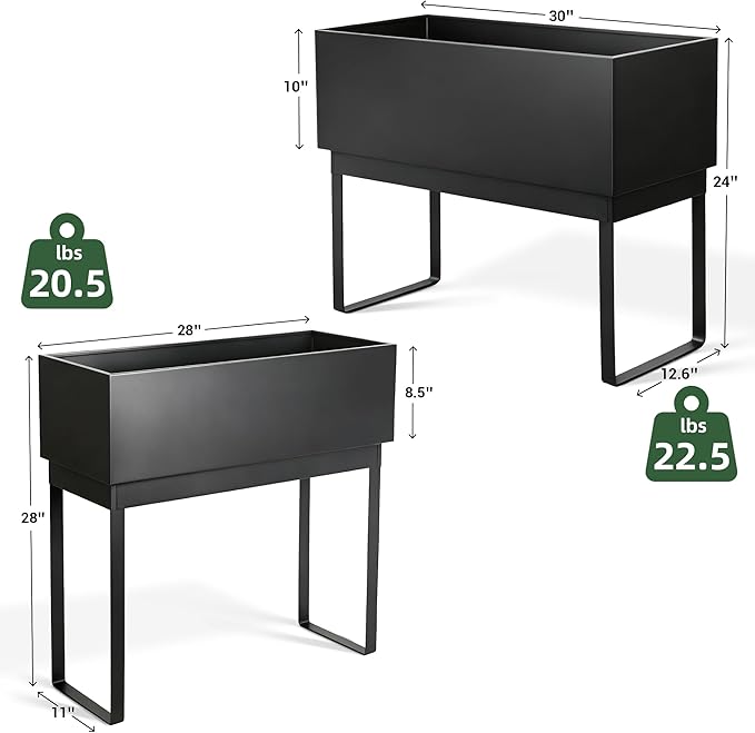 Worth Set of 2 Raised Metal Planter Box with Legs, Large & Small Matte Black Galvanized Steel Elevated Garden Beds with Drainage Hole & Plug for Vegetables, Flowers & Herbs, Indoor & Outdoor Use