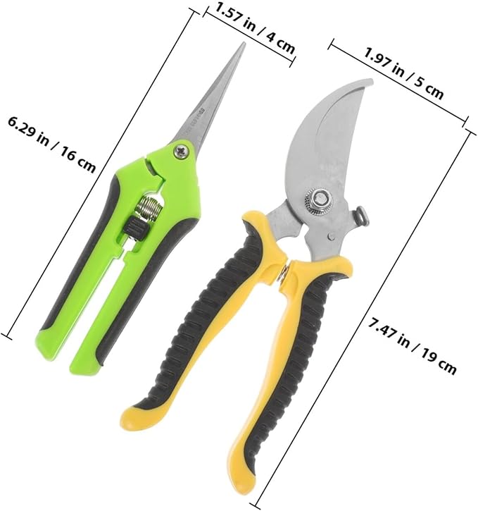 VICASKY 2pcs Heavy Duty Sk5 Garden Pruning Scissors Set with Plant Shears for Gardening and Fruit Tree Trimming, Yellow and Green Color Multifunctional Bypass Hand Tools for Lawn Care