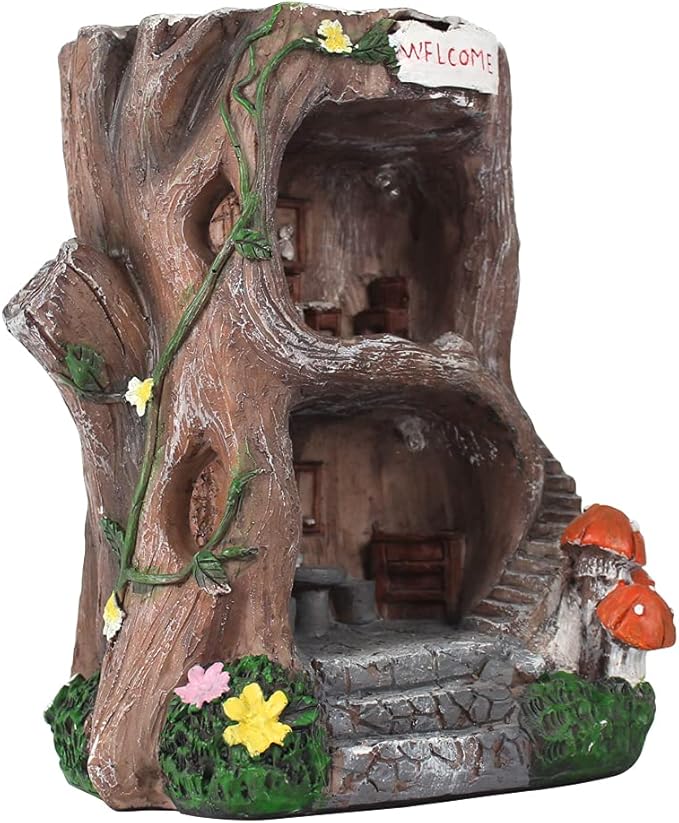 Solar Light Fairy Tree House - Fun Natural Figurine Sculpture with Solar LED Lights for Indoor Outdoor Art Decorations, Patio Yard Lawn Ornaments Gift