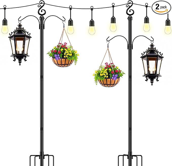 10 Ft Height 1 Inch Diameter String Light Poles StringLight Stand with Hooks Metal Poles for Outside Patio Yard Garden Backyard (10Ft Pole with Hooks, 2)