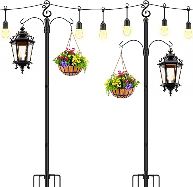 10 Ft Height 1 Inch Diameter String Light Poles StringLight Stand with Hooks Metal Poles for Outside Patio Yard Garden Backyard (10Ft Pole with Hooks, 4)