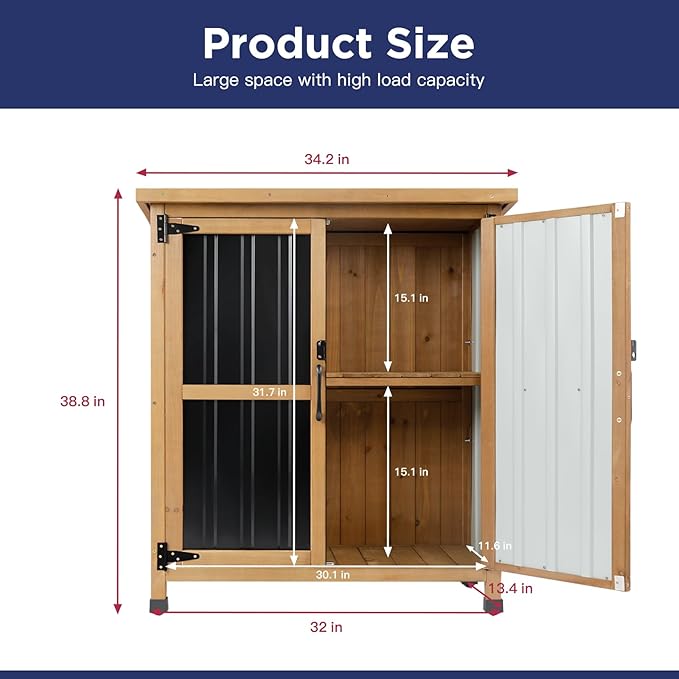 Wood & Metal Outdoor Storage Cabinet with Waterproof Roof, Garden Tool Shed with 4 T-Hinge, 4 Adjustable feet and Magnetic Door, 2 Removable Shelves, Easy Installation, 13.5" D x 34.5" W x 39" H