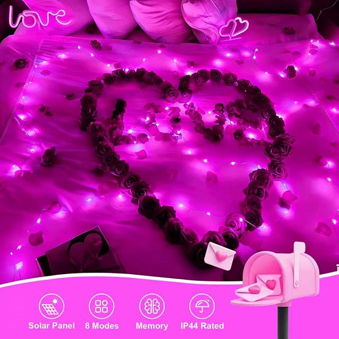QITONG 4 Pack Pink Solar Fairy Lights, Each 33ft 100 LED String Lights Outdoor Waterproof, 8 Modes Copper Wire Solar Christmas Lights