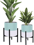 10 & 12 Inches Plant Pots with Stand-Large Indoor Planters with with Drainage Holes,Modern Planting Pots with White and Green Color Matching for Living Room, Office, Garden Or Balcony