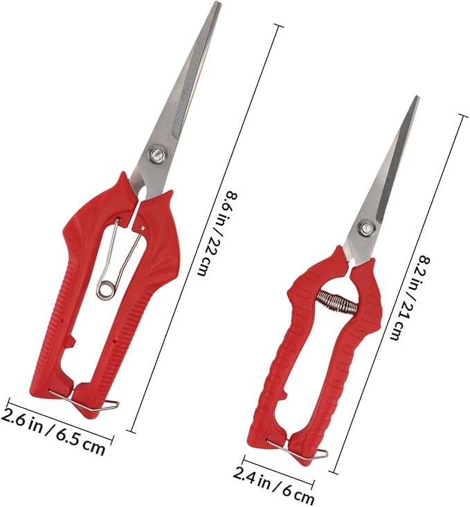2-pcs Garden Pruning Shears and Trimming Scissors Set, Large and Medium Bypass Pruners for Fruit Trees and Bonsai, Red Gardening Hand Tools for Branch Cutting and Plant Maintenance