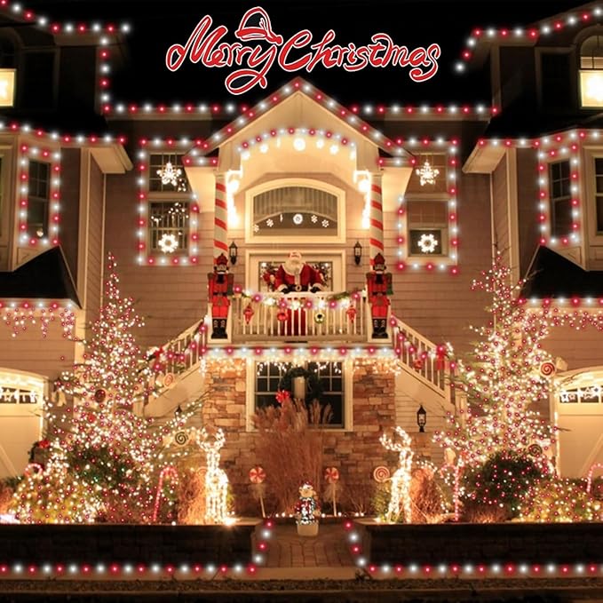 QITONG 4 Pack Solar Fairy Lights, Each 33ft 100 LED Red and White Christmas String Light Outdoor Waterproof, 8 Modes Silver Wire Twinkle Mini Lights