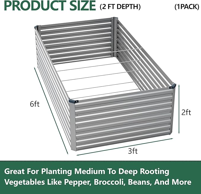 Vengarus 6x3x2FT Galvanized Raised Garden Bed Kit, Deep Root Planter Box for Vegetables, Flowers, Herbs, and Succulents - 269 Gallon Capacity,Silver