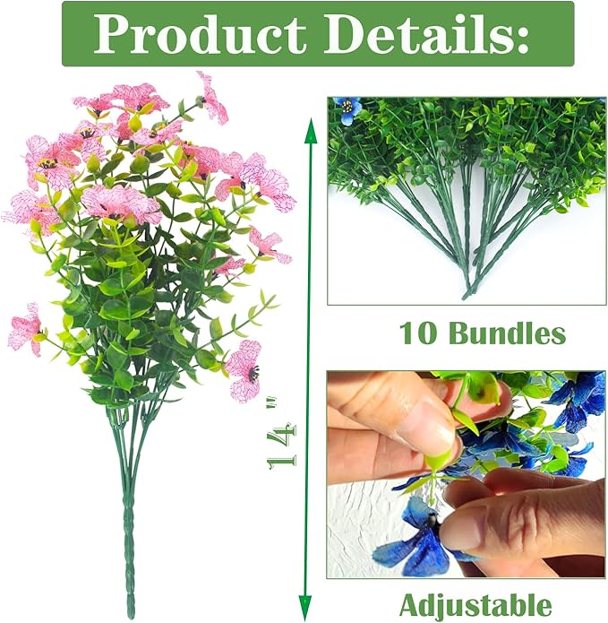10 Bundles Artificial Flowers Outdoor UV Resistant Fake Flowers No Fade Faux Plants Garden Porch Window Box Decorating (Pink)