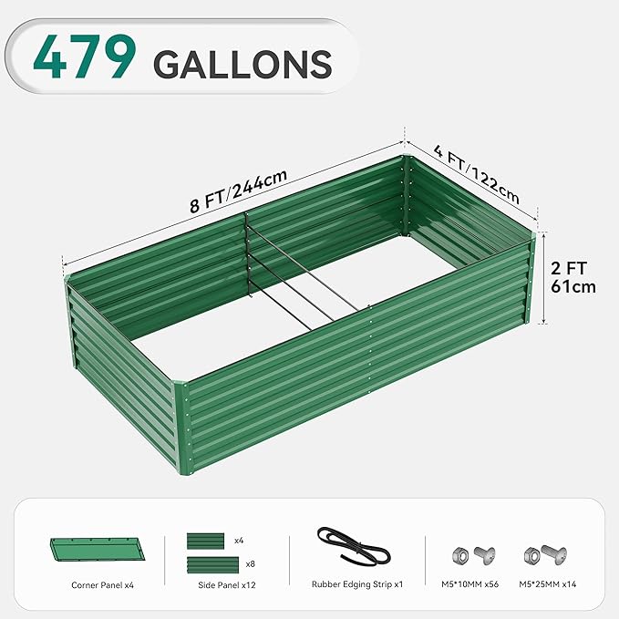 YITAHOME 96x48x24 in Galvanized Raised Garden Bed Kit, Large Metal Planter Box with Gloves, Safety Rubber & Support Rod, Outdoor Flower Bed for Plants Vegetables, Green