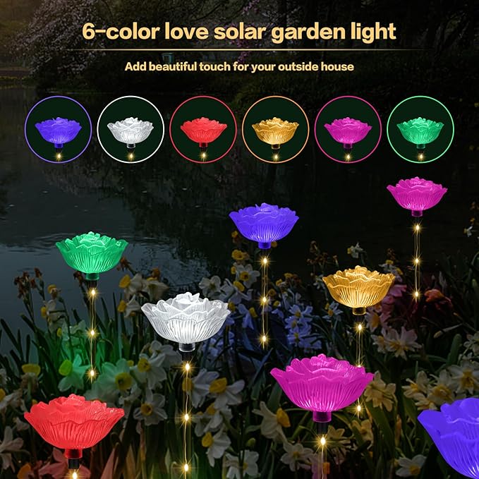 Solar Garden Light Outdoor Waterproof,6PACKS Multicolor Bigger Rose Flowers Lights Lawn Decor,Solar Pathway Rose Lights for Garden,Mom Day,Christmas,Housewarming Gifts Decor