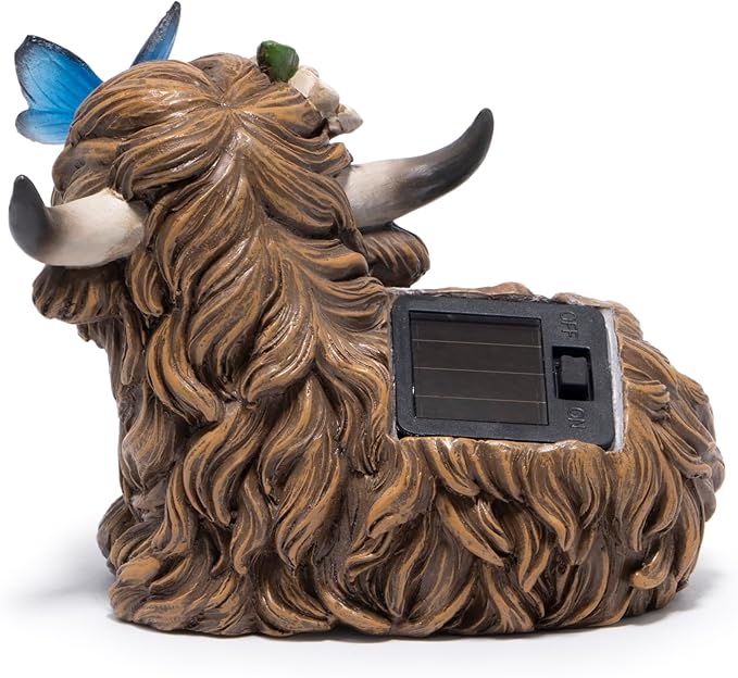 basen Solar Highland Cow Garden Statue with Lighted Butterfly, Resin Outdoor Yard Decor with Solar Panel, Waterproof Lawn Patio Ornament for Garden, Pathway, Backyard Decor Gift