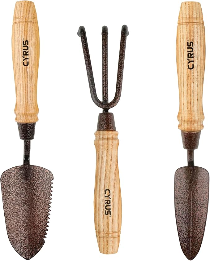 CYRUS Small Garden Shovel Set,3 Piece Garden Shovel Carbon Steel,Includes Hand Shovel, Transplanting Shovel and Hand Rake with Ash Wood Handle for Succulent Plants,Small Potted Plants Planting