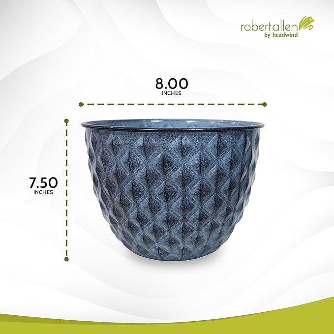 Headwind Glazed Ironstone Diamonte Collection – Capri Blue 8-Inch Decorative Plant Pot, Indoor & Outdoor, Vintage Diamond-Textured, Lightweight & Weather-Resistant for Garden Use by Robert Allen