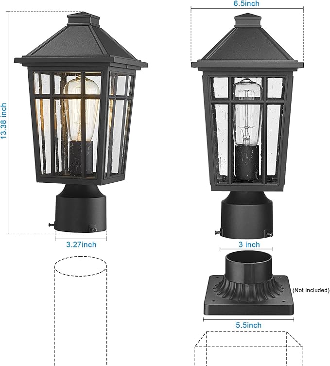 Darkaway Outdoor Post Lights Lamp Post Light Fixture, Waterproof Aluminum Housing with Glass, Fence Post Deck Lighting for Garden, Patio, Pathway (2 Pack, Black)