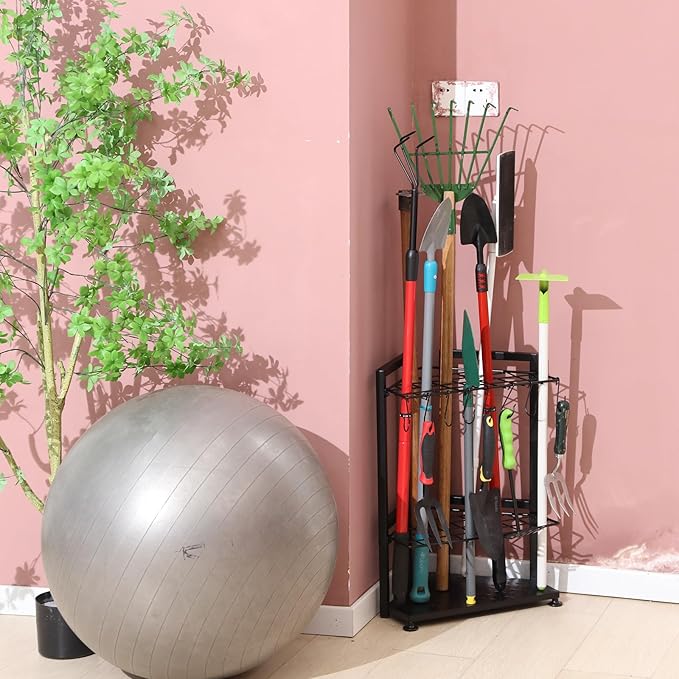 YueTong Garden Tool Organizer for Corner,Yard Tools Rack for Garage Storage Organization,Garage Tool Holder Free Standing No Mount.Heavy Duty and Solid Metal for Indoor and Outdoor Use.