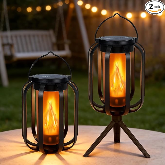 (New) 2 Pack Solar Lanterns Lights, Solar Lights Outdoor with Flickering Flame, 4 Modes Waterproof Hanging Lantern Decorative, Solar Powered Lanterns for Yard Patio Proch Tree Garden Decor