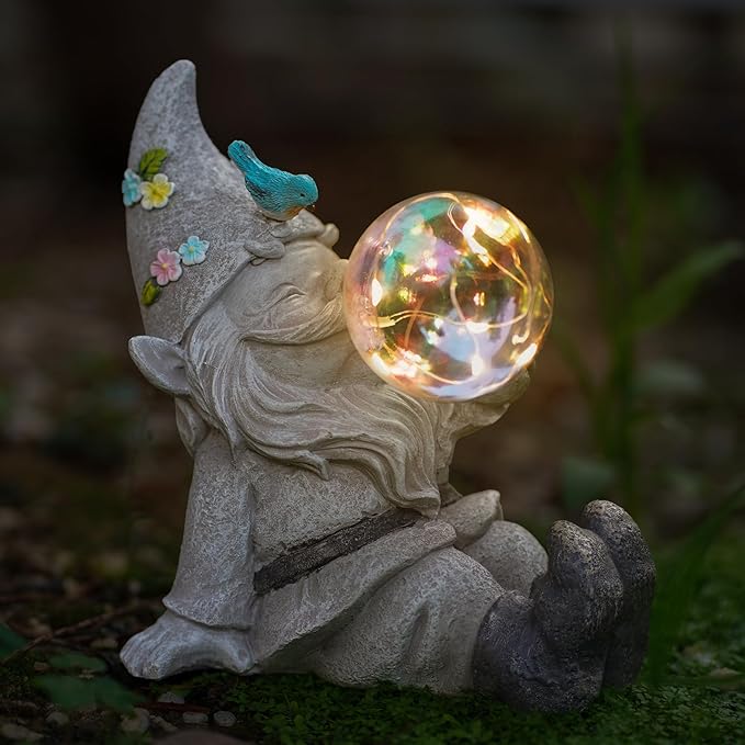 Gnome Statue Solar Bubble Lights Waterproof Outdoor Garden Decor for Patio, Lawn, Yard Cute Gnome Ornament & Housewarming Gift for Outside