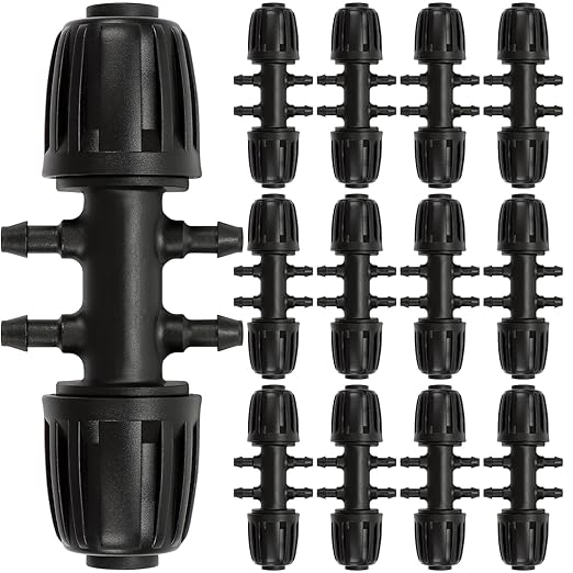 Copadri 12 Pcs 1/2 inch to 1/4 inch Drip Irrigation Tubing Fittings, 1/2" Drip Tubing (1/2" ID x 0.65" OD) to 4 Way 1/4" Irrigation Tubing Locked Barbed Reducing Tee Connectors for Garden Systems